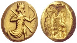 Greek Coins   The Persian Empire  Daric, Sardis mid IV century BC, AV 8.30 g. The Great King kneeling r., holding bow and spear. Rev. Oblong incuse wi...