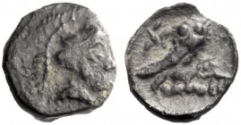 Greek Coins   Philistian issues   Ashkelon . Ma’eh / obol circa 450-400, AR 0.62 g. Helmeted head of Athena r. Rev. Owl standing r., head facing; in u...