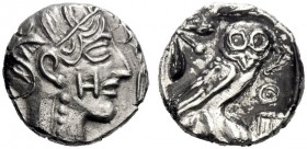 Greek Coins   Philistian issues   Gaza . Quarter shekel / drachm circa 450-400, AR 3.01 g. Helmeted head of Athena r.; on cheek, H. Rev. AΘE Owl stand...
