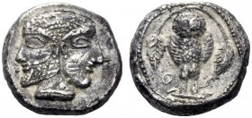 Greek Coins   Philistian issues   Gaza . Quarter shekel / drachm circa 450–400 BC, AR 3.80 g. Janiform female r. and bearded male l., oriental hairsty...