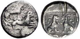 Roman Republican Coins   Philistian issues   Philistia . Quarter shekel / drachm circa 450-400, AR 2.96 g. Lion r., attacking ram. Rev. Two lions seat...