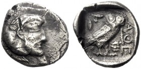 Greek Coins   Philistian issues   Philistia . Quarter shekel / drachm circa 450-400, AR 4.01 g. Bearded male head r. Rev. ΘE Owl standing r., head fac...