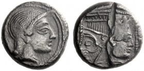 Greek Coins   Philistian issues   Philistia . Quarter shekel / drachm circa 450-400, AR 3.52 g. Female head r. Rev. Janiform head: profile of Athena t...