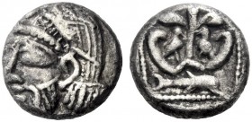 Greek Coins   Philistian issues   Philistia . Quarter shekel / drachm circa 450-400, AR 2.61 g. Bearded male head l., oriental headdress. Rev. Paradis...