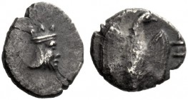 Greek Coins   The Coinage of Judah   Persian period circa 380–332  . Half gerah circa 380-332, AR 0.35 g. Head of the Persian king r., wearing jagged ...