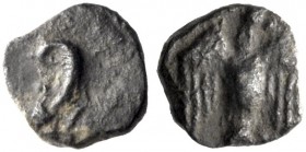 Greek Coins   The Coinage of Judah   Persian period circa 380–332.  Hemiobol circa 332-302, AR 0.28 g. Ear. Rev. Falcon with spread wings looking r.; ...