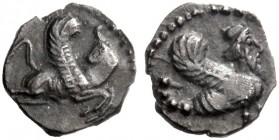 Greek Coins   The Coinage of Samaria  Ma’eh / obol mid 4th century BC, AR 0.59 g. Winged bull jumping r., head reverted. Rev. Winged and bearded ”Scor...