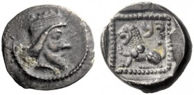 Greek Coins   The Coinage of Samaria  Ma‘eh / obol” mid 4th century BC, AR 0.72 g. Bearded Persian king head r., wearing jagged crown. Rev. Lion seate...