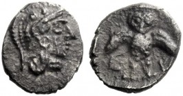 Greek Coins   The Coinage of Samaria  Ma‘eh / obol, mid 4th century BC, AR 0.71 g. Helmeted head of Athena r. wearing earring. Rev. Owl standing facin...