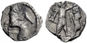 Greek Coins   The Coinage of Samaria  Ma‘eh / obol mid 4th century BC, AR 0.44 g. Satrap seated on chair r., wearing Persian tiara and long robe, and ...