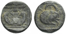 Greek Coins   The Coinage of Samaria  Ma‘eh / obol mid 4th century BC, AR 0.66 g. Crowned and winged head of beast facing; above, winged solar disc an...