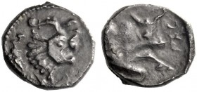 Greek Coins   The Coinage of Samaria  Ma‘eh / obol mid 4th century BC, AR 0.77 g. Head of horned mythological animal – lion with horns of a bull r. Re...