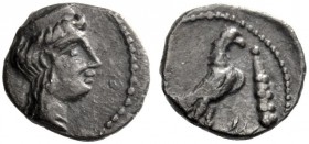 Greek Coins   Uncertain attribution to Samaria  Half ma‘eh / hemiobol mid 4th century BC, AR 0.38 g. Female head r., wearing tiara. Rev. Eagle, with c...