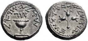 Greek Coins   Jewish War Against Rome  Shekel, Jerusalem year 3 (68-69 AD), AR 13.78 g. SQL YSR’L (Shekel of Israel) in paleo-Hebrew characters Temple...