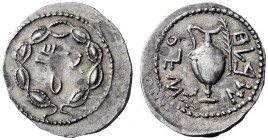 Greek Coins   The Bar Kokhba War  Zuz (denarius), Judah. 133/4 AD, AR 3.39 g. SM‘ (Shimon) in paleo-Hebrew within a wreath of thin branches wrapped ar...