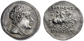 Greek Coins   Eucratides I, circa 170-145  Drachm circa 170-145, AR 4.16 g. Diademed and draped bust r. Rev. BASILEWS EYKPATIDOY The Dioscuri on horse...