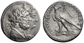 Greek Coins   Ptolemy IV, 221 – 205 and posthumous issues  Tetradrachm, Alexandria or Provincial mint 221-203, AR 14.20 g. Joined draped busts r. of S...