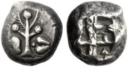 Greek Coins   Cyrene  Tetradrachm circa 570-520, AR 17.06 g. Silphium plant; at sides, to l., bird’s head l. and, to r., silphium fruit with dot. BMC ...
