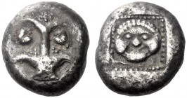 Greek Coins   Cyrene  Tetradrachm circa 525-480, AR 16.87 g. Silphium plant with four leaves and two fruits. Rev. Gorgoneion facing in dotted frame wi...