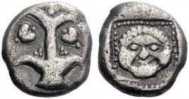 Greek Coins   Cyrene  Didrachm circa 525-480, AR 8.03 g. Silphium plant with four leaves and two fruits. Rev. Gorgoneion facing in dotted frame within...
