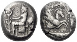 Greek Coins   Cyrene  Tetradrachm circa 520, AR 17.13 g. The city-goddess Cyrene, wearing stephane and a long chiton , seated l. on diphros , her r. h...