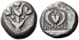 Greek Coins   Cyrene  Tetradrachm circa 495-475, AR 17.00 g. Silphium plant with four leaves two flowers and two fruits. Rev. Silphium fruit between t...
