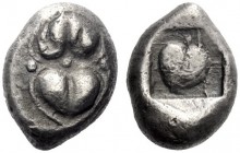 Greek Coins   Cyrene  Drachm circa 495-475, AR 4.16 g. Two silphium fruits set base to base, flanked above and below by a pellet. Rev. Silphium fruit ...