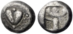 Greek Coins   Cyrene  Drachm circa 495-475, AR 4.13 g. Silphium fruit surrounded by four dots. Rev. Winged female figure standing facing. BMC p. xxv, ...