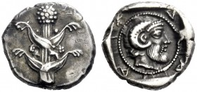 Greek Coins   Cyrene  Drachm circa 480-435, AR 3.49 g. Silphium plant with four leaves. Rev. K – V – P A Head of Zeus Ammon r. inside a dotted circle;...
