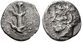 Greek Coins   Cyrene  Tetradrachm circa 435-375, AR 12.02 g. Silphium plant with four leaves. Rev. NIKIOS Head of Zeus Ammon l. BMC pl. X, 10b.  Extre...