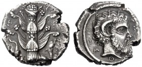 Greek Coins   Cyrene  Tetradrachm circa 380, AR 13.20 g. [K] – Y / P – E Silphium plant with four leaves; at base, two dolphins, one swimming downward...