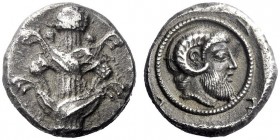 Greek Coins   Euhesperides  Drachm circa 470-440, AR 3.26 g. Silphium plant with leaves. Rev. Head of Zeus Ammon r. within circle of dots. The whole w...