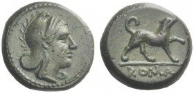 Roman Republican Coins  Half-bronze circa 234-231, Æ 1.58 g. Head of Roma r., wearing Phrygian helmet. Rev. Dog r.; in exergue, ROMA. Sydenham 30. His...