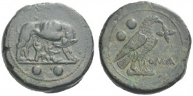 Roman Republican Coins  Sextans circa 217-215, Æ 26.69 g. She-wolf suckling twins; in exergue, two pellets. Rev. ROMA Eagle standing r., holding flowe...