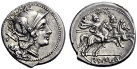 Roman Republican Coins  Denarius after 211, AR 4.18 g. Helmeted head of Roma r.; behind, X. Rev. The Dioscuri galloping r.; below, ROMA in partial fra...