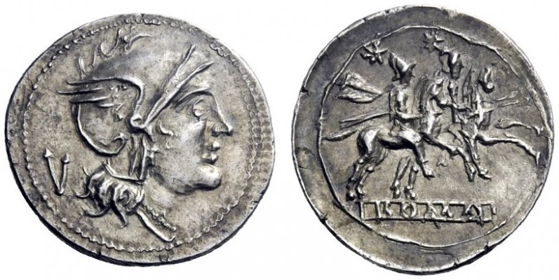 Roman Republican Coins  Quinarius, uncertain mint after 211, AR 2.14 g. Helmeted...