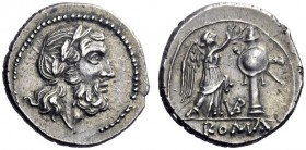 Roman Republican Coins  Victoriatus, uncertain mint circa 211-208, AR 3.35 g. Laureate head of Jupiter r. Rev. Victory crowning trophy; in lower centr...