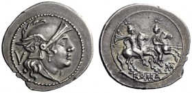 Roman Republican Coins  Quinarius, Apulia (?) 211-210, AR 2.04 g. Helmeted head of Roma r.; behind, V. Rev. The Dioscuri galloping r.; below, MT ligat...