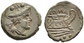 Roman Republican Coins  Sextans, Central Italy circa 208, Æ 3.80 g. Bust of Mercury r.; above, two pellets. Rev. ROMA Prow r.; above, staff and below,...