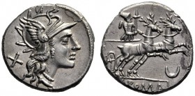 Roman Republican Coins  Denarius 143, AR 3.77 g. Helmeted head of Roma r.; behind, X. Rev. Diana in prancing biga of stags r., holding torch and reins...