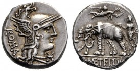 Roman Republican Coins   C. Caecilius Metellus Caprarius.  Denarius 125, AR 3.90 g. Head of Roma r., wearing Phrygian helmet; below chin, Û and behind...