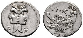 Roman Republican Coins   C. Fonteius. Denarius 114 or 113, AR 3.97 g. Laureate Janiform head of Dioscuri; on l., I and on r., Û. Rev. Galley l.; above...