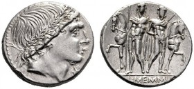 Roman Republican Coins   L. Memmius.  Denarius 109 or 108, AR 4.01 g. Male head r., wearing oak-wreath, below chin, Û. Rev. The Dioscuri standing faci...
