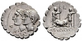 Roman Republican Coins   C. Sulpicius C.f. Galba.  Denarius serratus 106, AR 3.89 g. D·P·P Jugate, laureate heads of Dei Penates l. Rev. Two soldiers ...