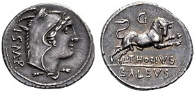 Roman Republican Coins   L. Thorius Balbus.  Denarius 105, AR 3.97 g. Head of Juno Sospita r., wearing goat’s skin; behind, I·S·M·R. Rev. Bull chargin...
