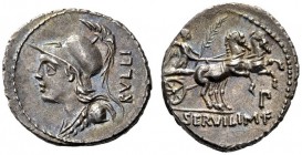Roman Republican Coins   P. Servilius M.f. Rullus. Denarius 100, AR 3.91 g. Helmeted bust of Minerva l.; behind, RVLLI. Rev. Victory, holding palm-bra...