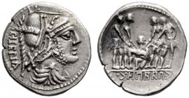 Roman Republican Coins   The Bellum Sociale.   Denarius, mint moving with C. Paapius (in Campania?) circa 90, AR 3.89 g. Helmeted and draped bust of M...