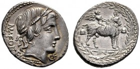 Roman Republican Coins   Mn. Fonteius C.f. Denarius 85, AR 3.98 g. MN·FONTEI C·F Laureate head of Apollo r.; below, thunderbolt and below chin, RA lig...