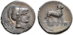 Roman Republican Coins  L. Rustius. Denarius 76, AR 3.77 g. Helmeted head of Minerva r.; behind, S·C. Below chin, Ú. Rev. Ram r.; in exergue, L·RVSTI....