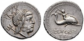 Roman Republican Coins  L. Lucretius Trio. Denarius 76, AR 3.92 g. Laureate head of Neptune r., trident over far shoulder; behind head, XXVI. Rev. Win...